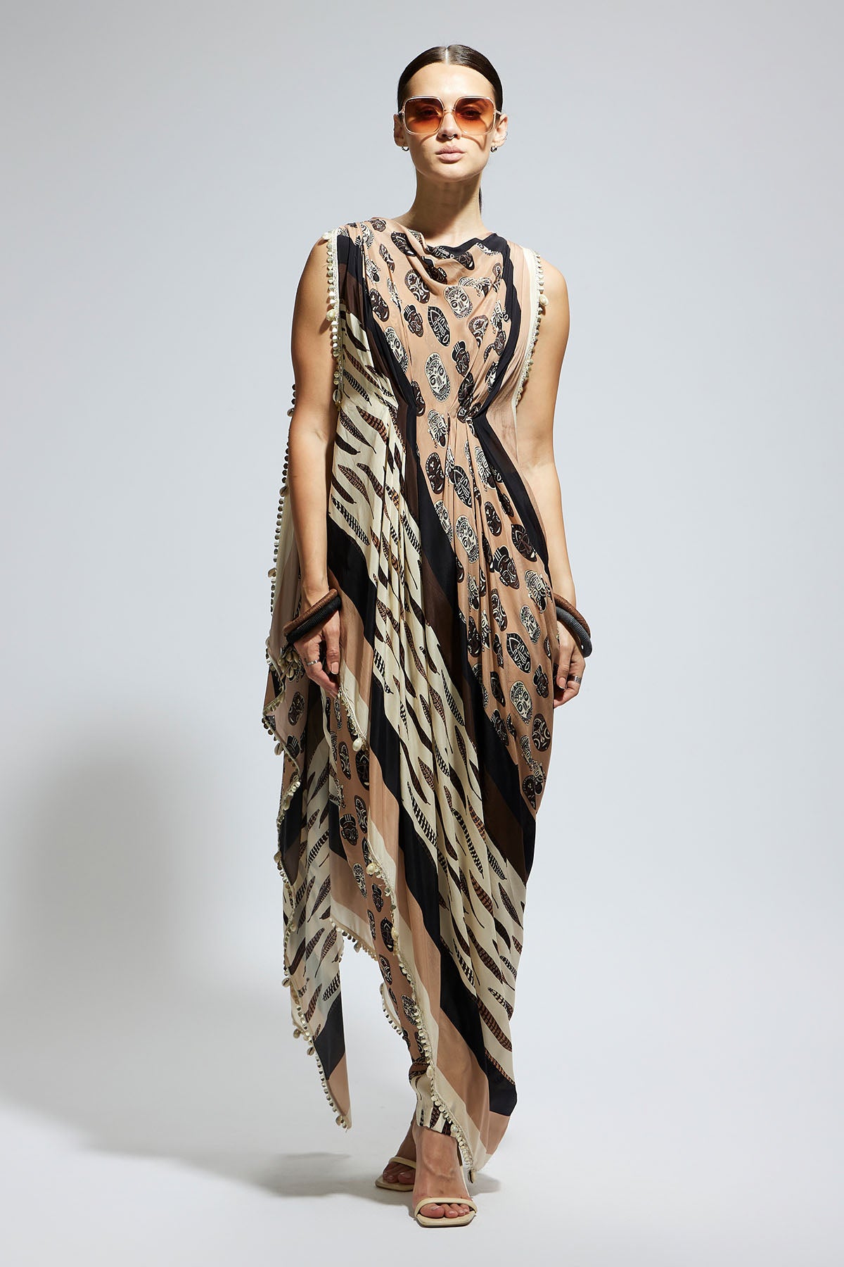 Mask and Feather Print Crop Top with Attached Drape with Pants