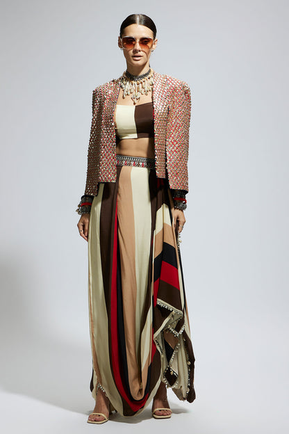 Metallic Embellished Cape Jacket Paired with Stripe Bustier and Stripe Drape Skirt