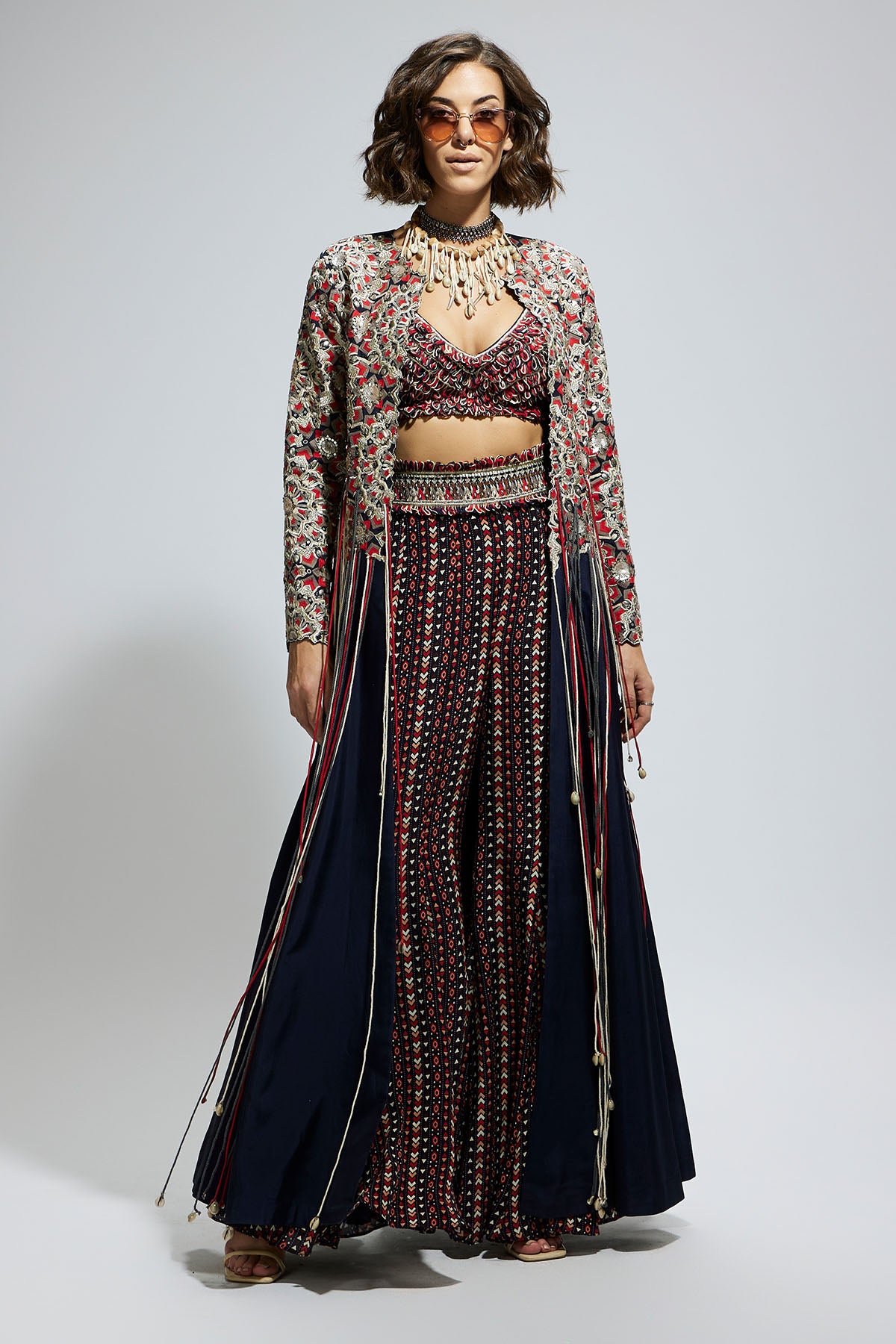 Blue Threadwork Embellished Jacket Paired with Textured Bustier and Blue Printed Sharara Pants