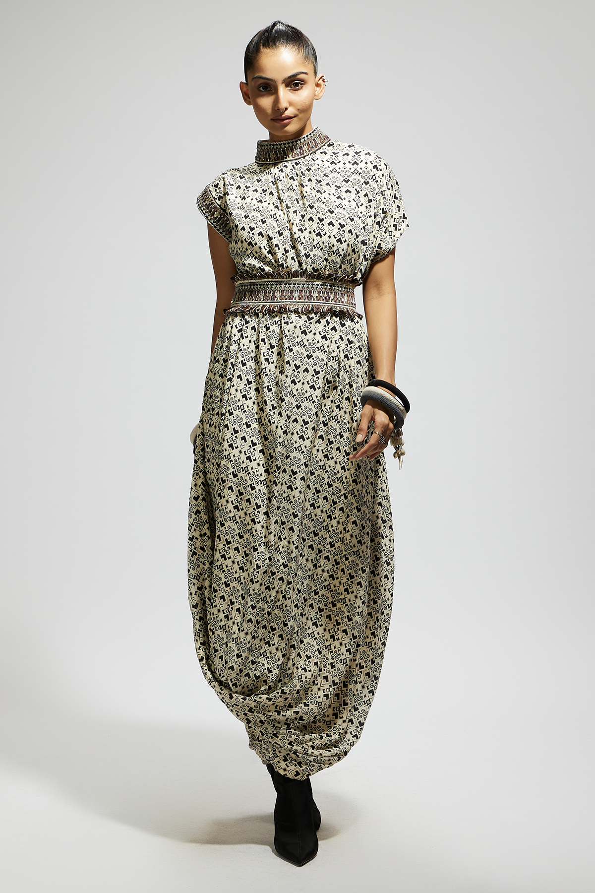 White  Print Cowl Dress Teamed with A Belt