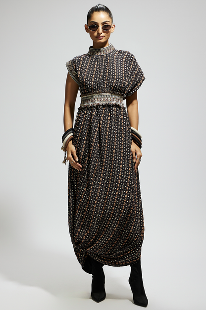 Black Boho Print Stripe Print Cowl Dress Teamed with A Belt