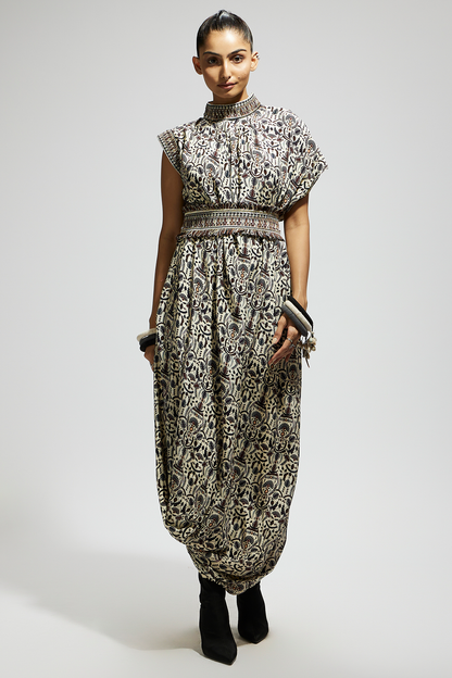 White Printed Cowl Dress Teamed with A Belt