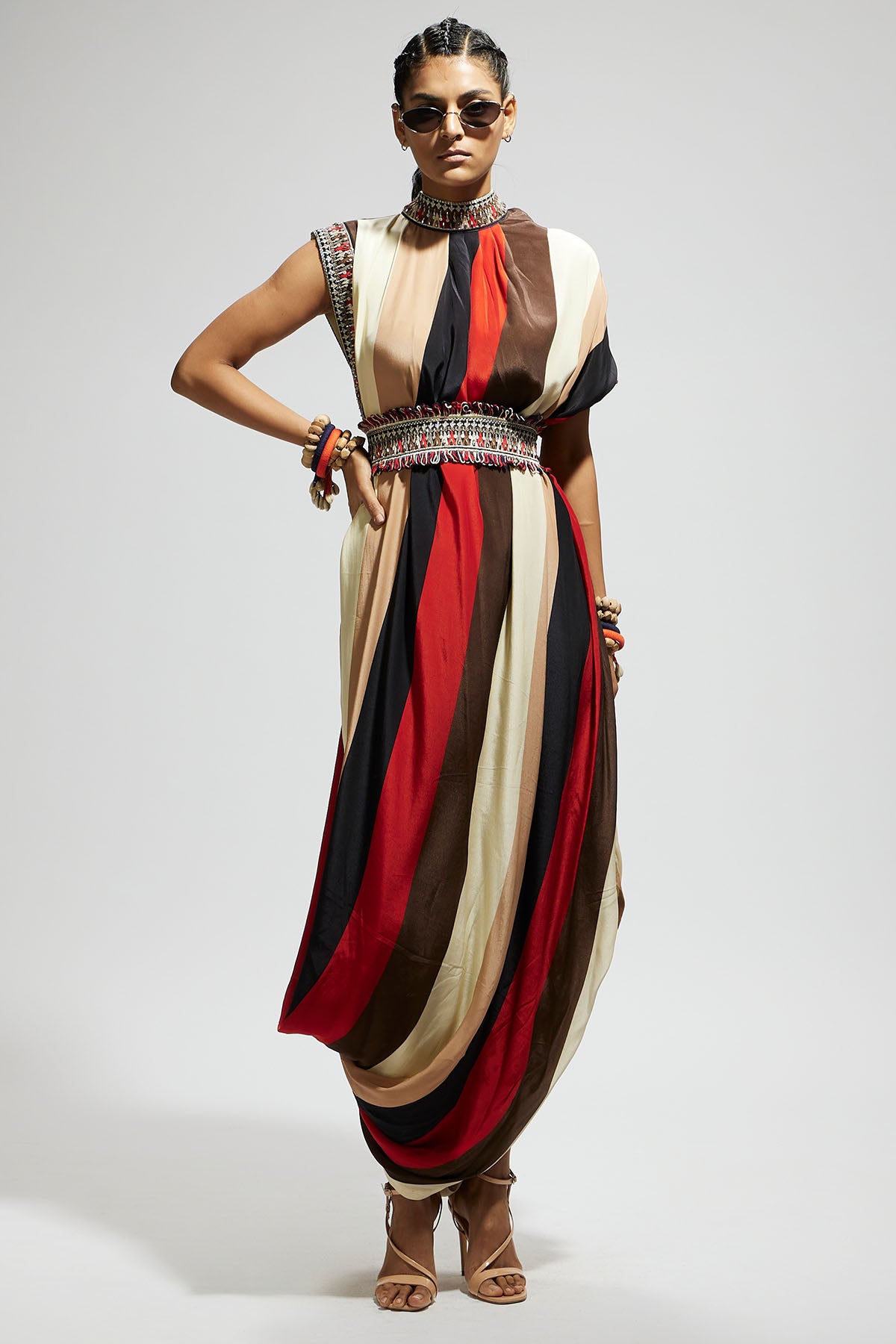 Samsara Stripe Print Cowl Dress Teamed with A Belt