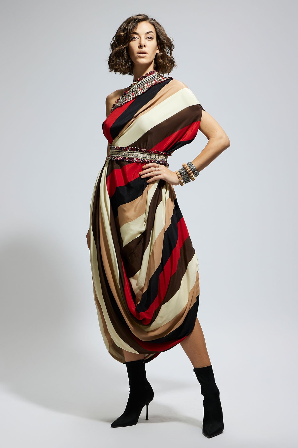 Samsara Stripe One Shoulder Cowl Dress Teamed with A Belt