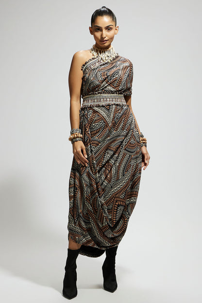 Zentangle Printed One Shoulder Cowl Dress Teamed with A Belt