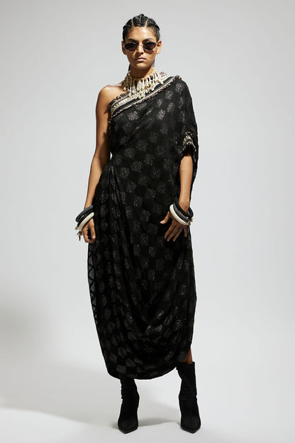 Black Aztec One Shoulder Cowl Dress with Cuff