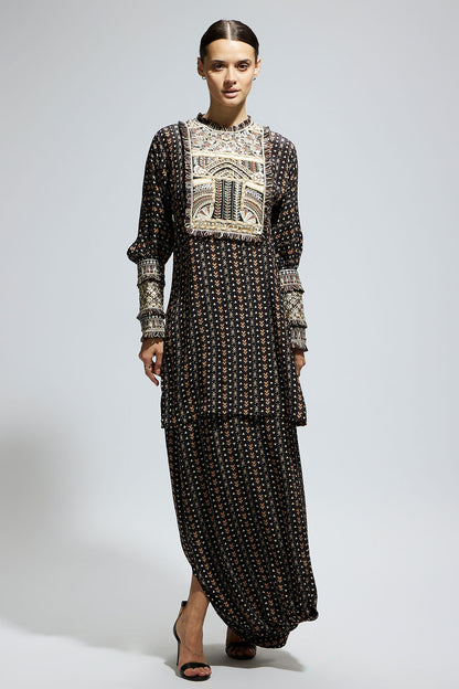 Black Boho Printed Yoke Embroidered Kurta with Drape Skirt