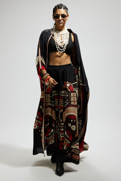 Black Mask Front Open Kaftan with Mask Printed Pants