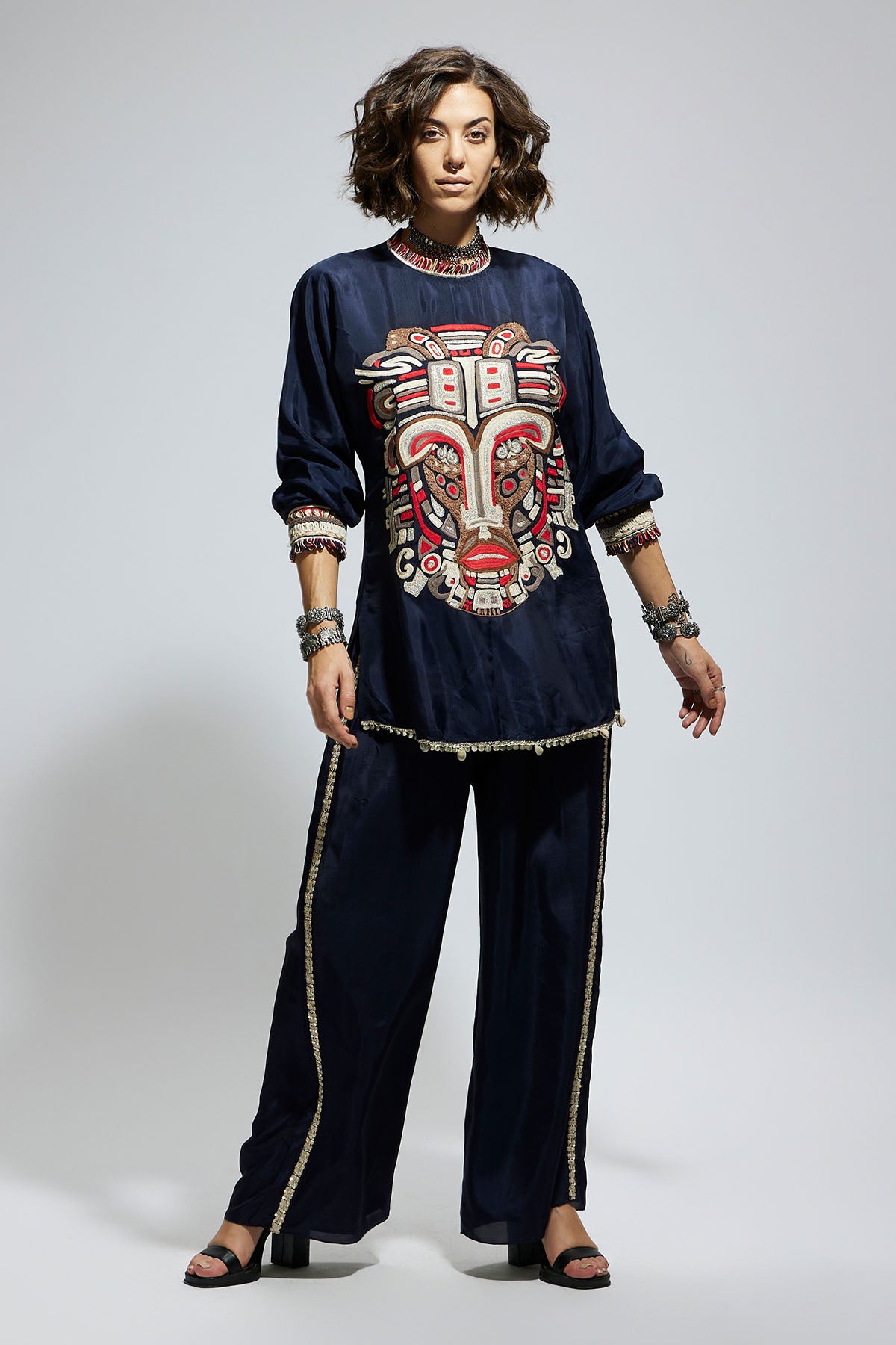 Blue Embellished Mask Threadwork Tunic Set