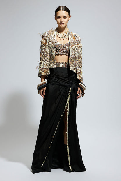 Ivory Abstract Feather Cape Jacket Paired with 3 D Scallop Bustier and Black High Slit Skirt