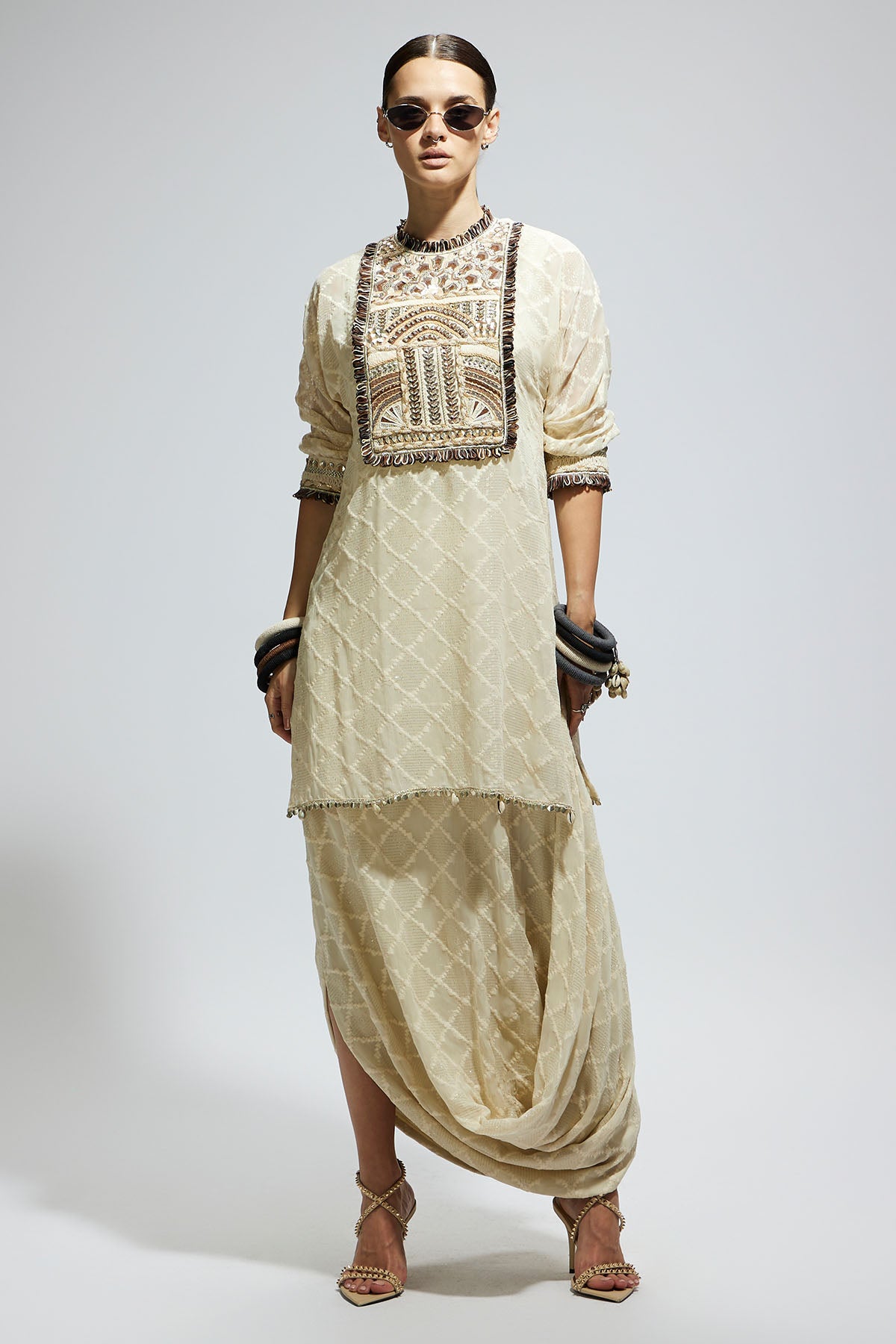 Ivory Aztec Yoke Embroidered Tunic Paired with Drape Skirt