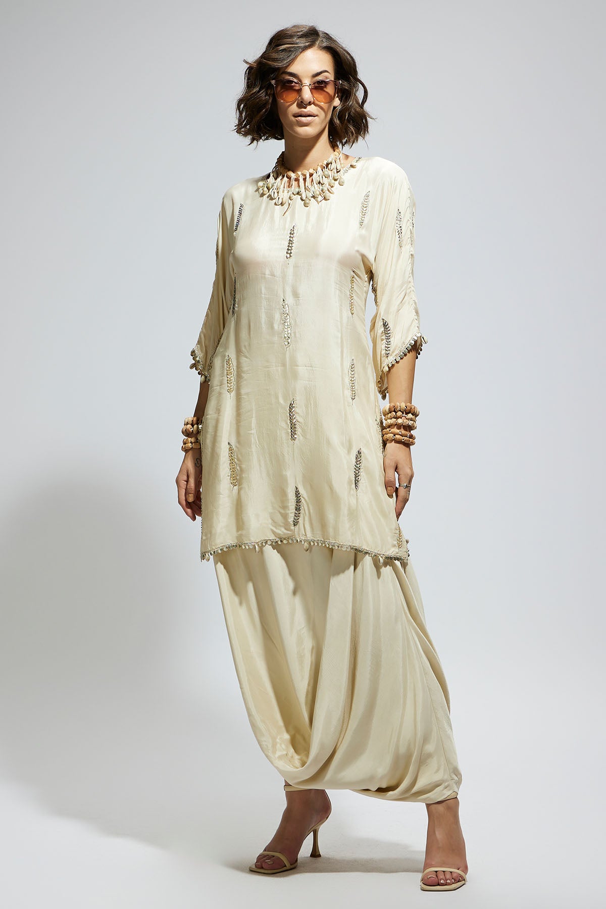 Ivory Embellished Tunic with Drape Skirt