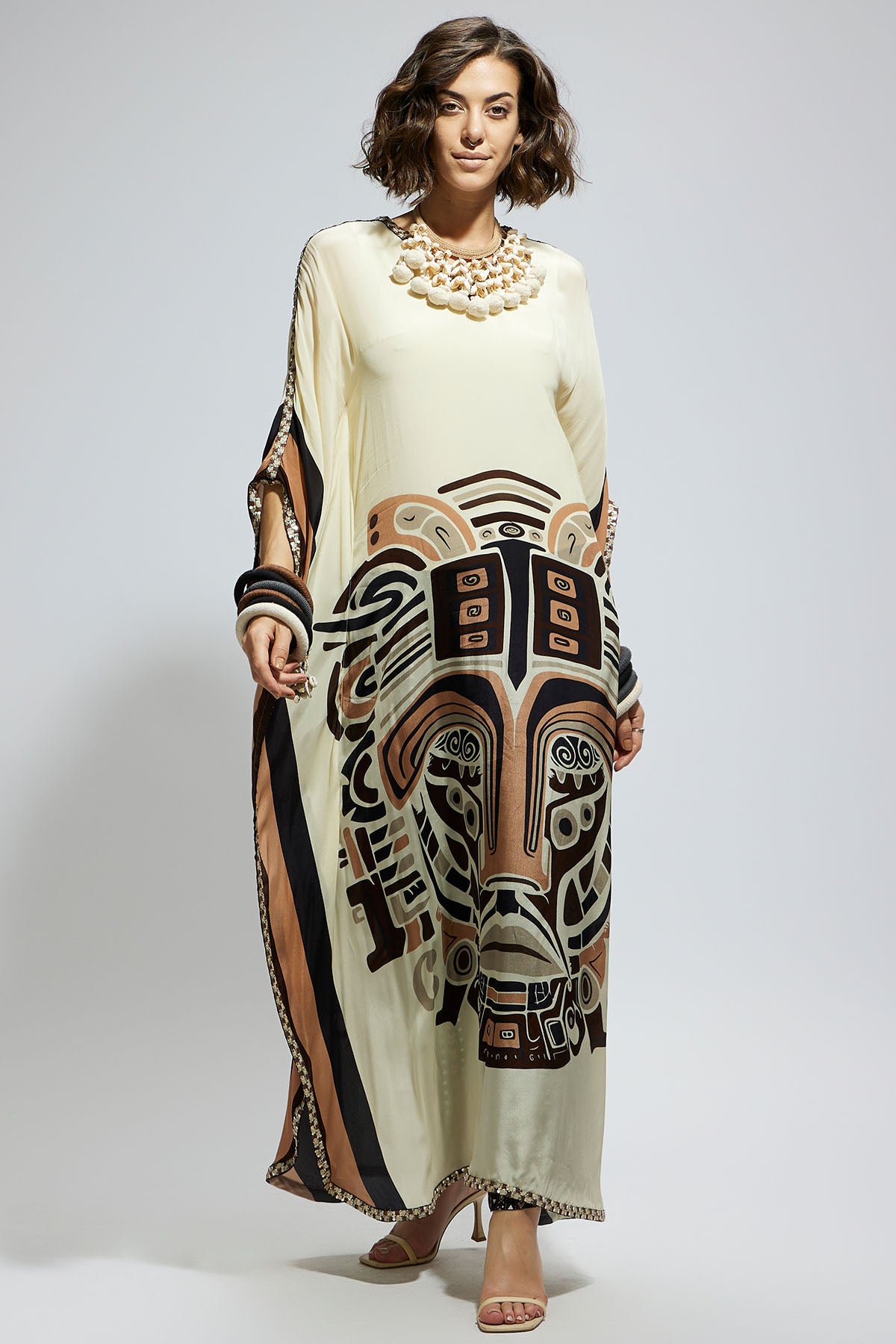 Ivory Mask Kaftan with Brown Printed Pants