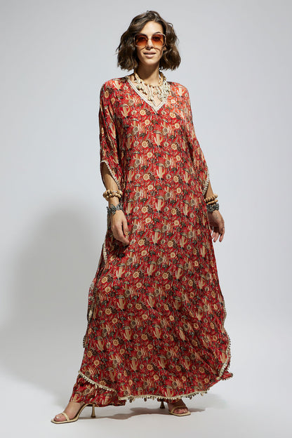 Orange Jaal v Neck Heavily Embellished Kurta Set