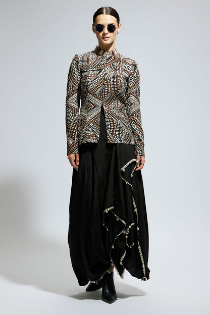 Zentangle Embellished Jacket Paired with Black Solid Nushrat Skirt