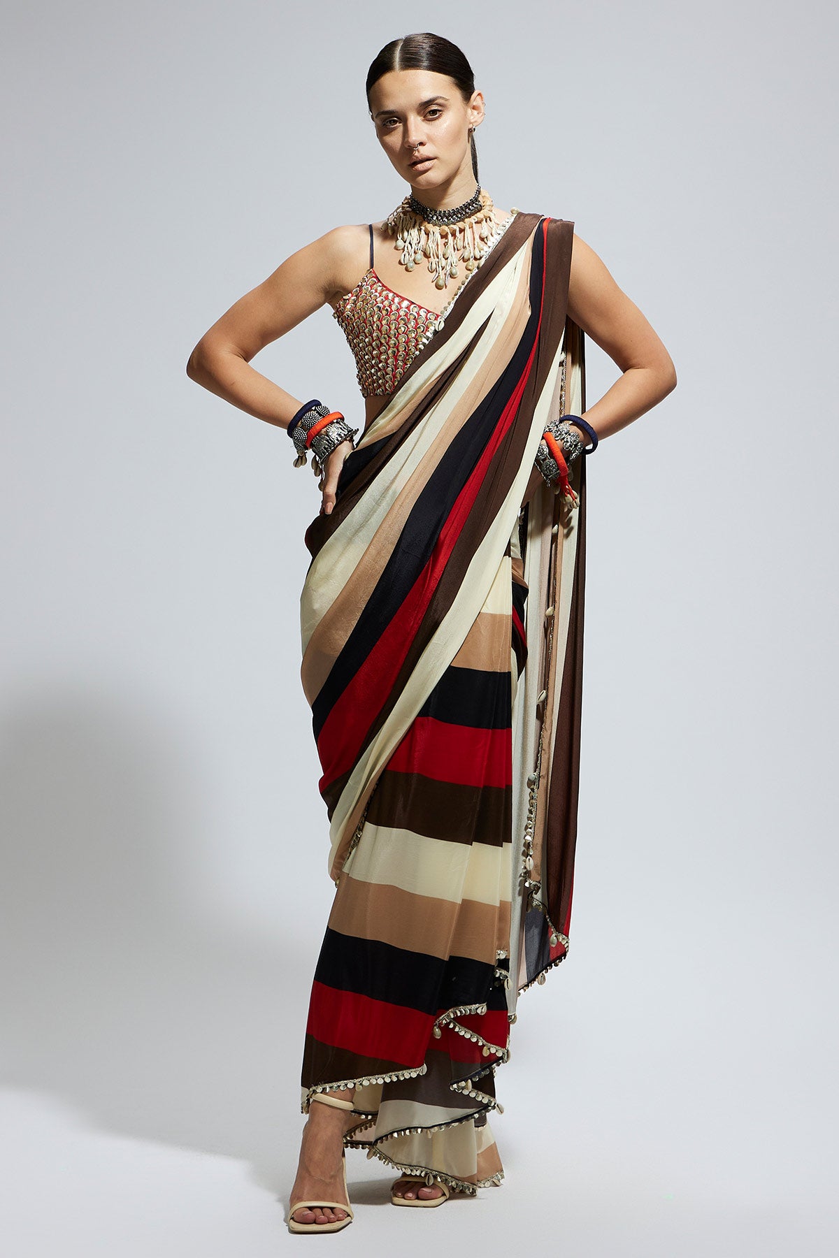 Samsara Stripe Print Cascade Saree with Metallic Scallop Bustier