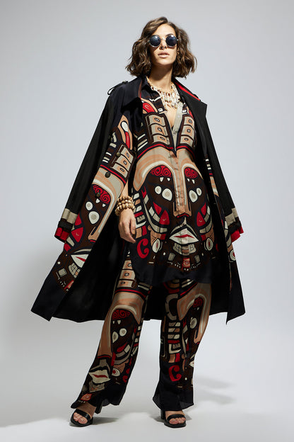 Black Mask Print Trench Coat