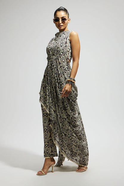 White Jaal Print Crop Top with Attached Drape with Pants