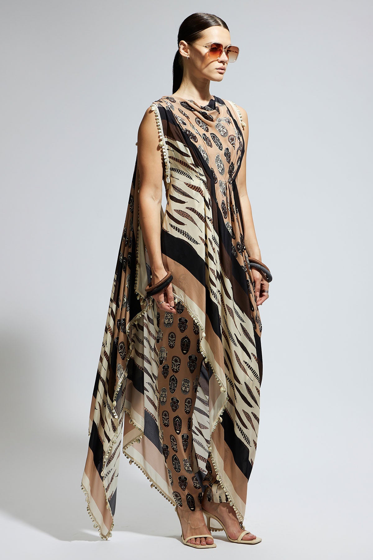 Mask and Feather Print Crop Top with Attached Drape with Pants