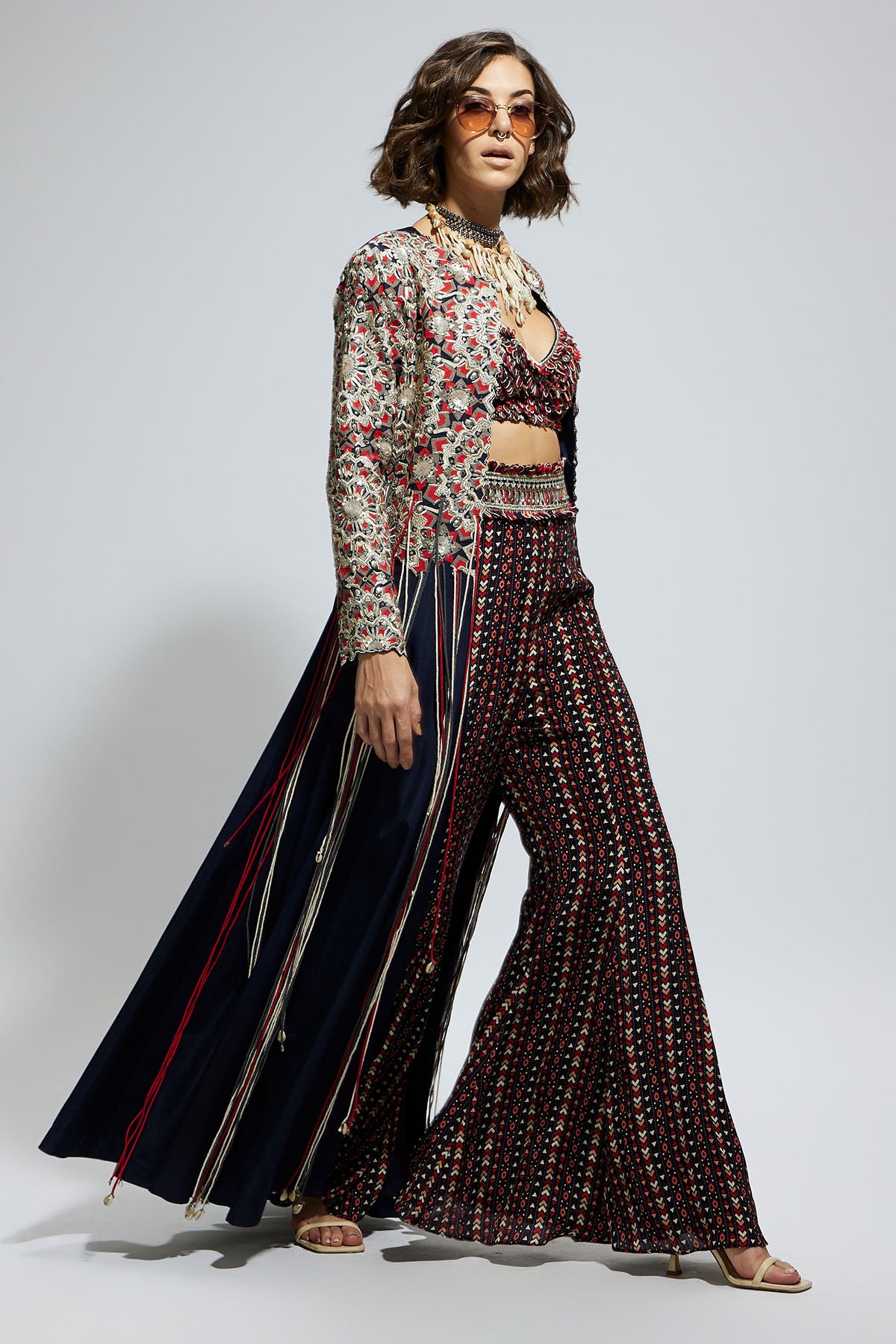 Blue Threadwork Embellished Jacket Paired with Textured Bustier and Blue Printed Sharara Pants