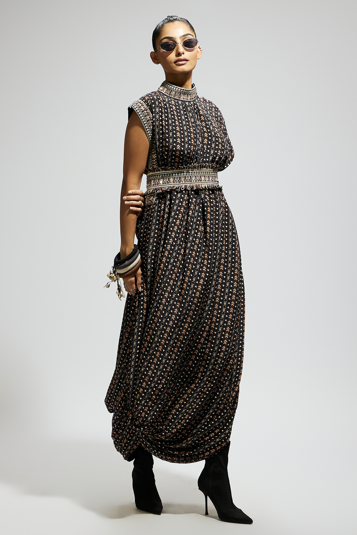 Black Boho Print Stripe Print Cowl Dress Teamed with A Belt