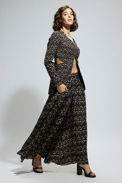 Black Embellished Side Cut out Jacket with Printed Flared Pants