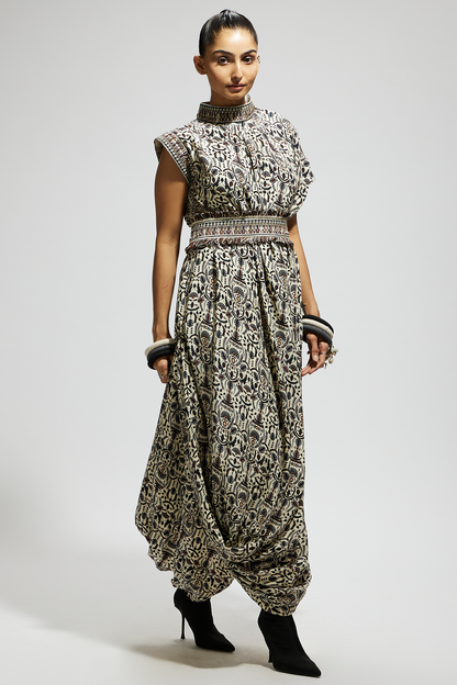 White Printed Cowl Dress Teamed with A Belt