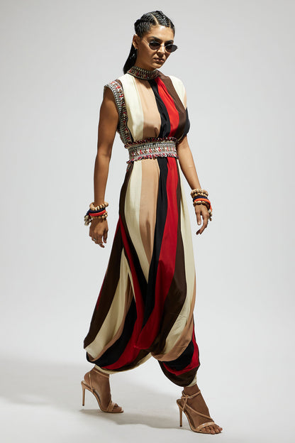 Samsara Stripe Print Cowl Dress Teamed with A Belt