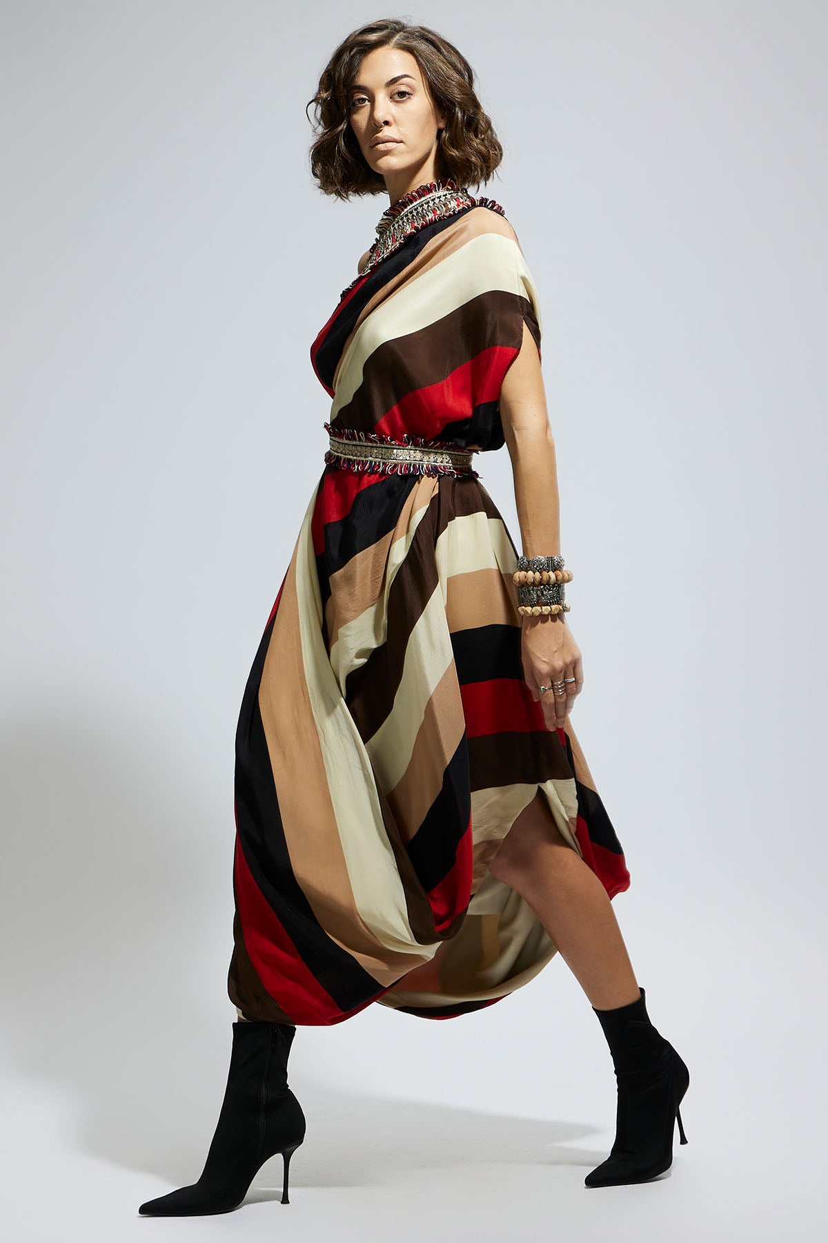 Samsara Stripe One Shoulder Cowl Dress Teamed with A Belt