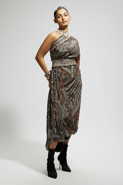 Zentangle Printed One Shoulder Cowl Dress Teamed with A Belt