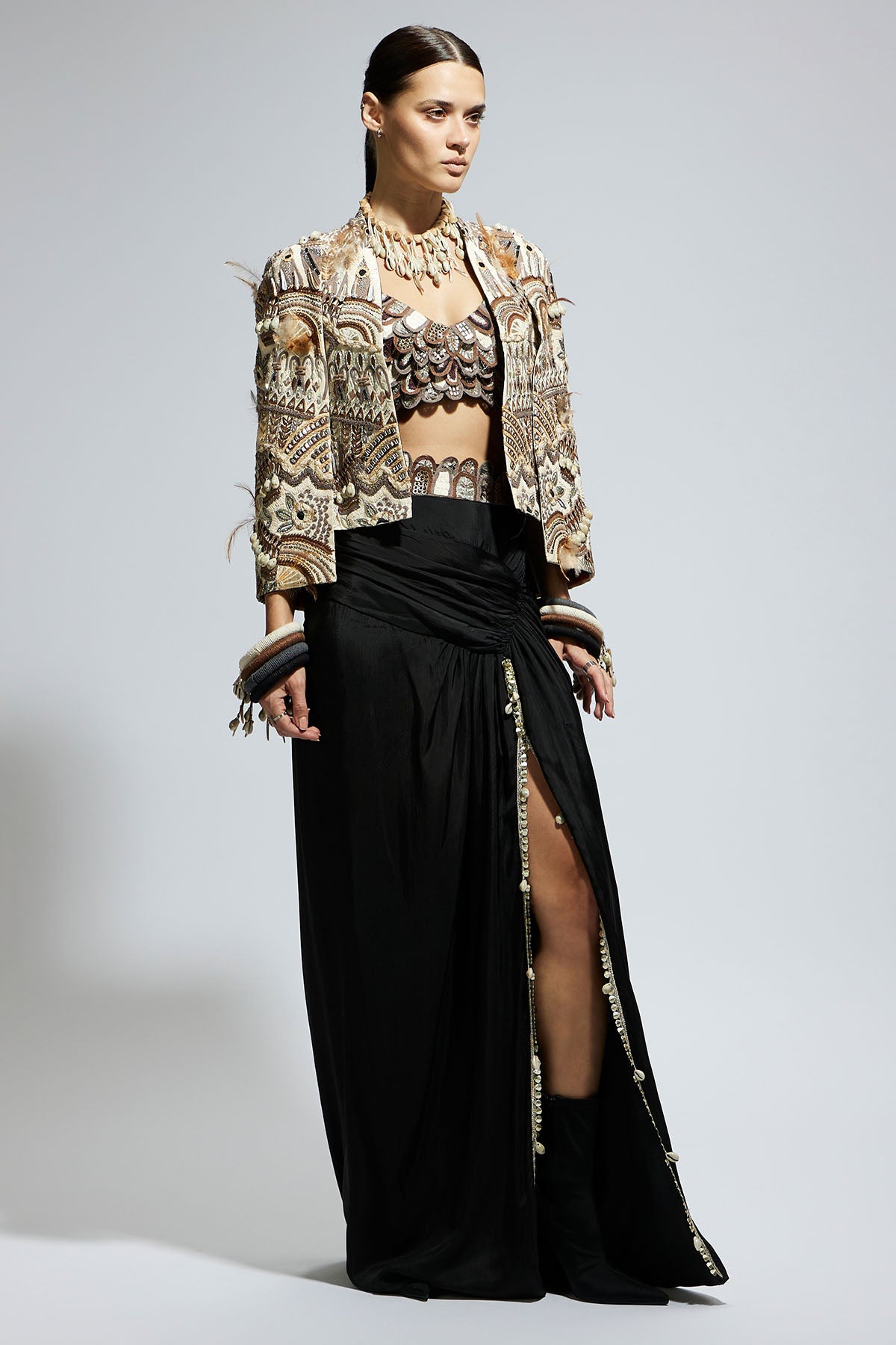 Ivory Abstract Feather Cape Jacket