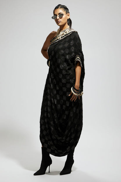 Black Aztec One Shoulder Cowl Dress with Cuff