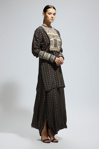 Black Boho Printed Yoke Embroidered Kurta with Drape Skirt