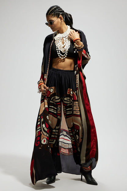 Black Mask Front Open Kaftan with Mask Printed Pants