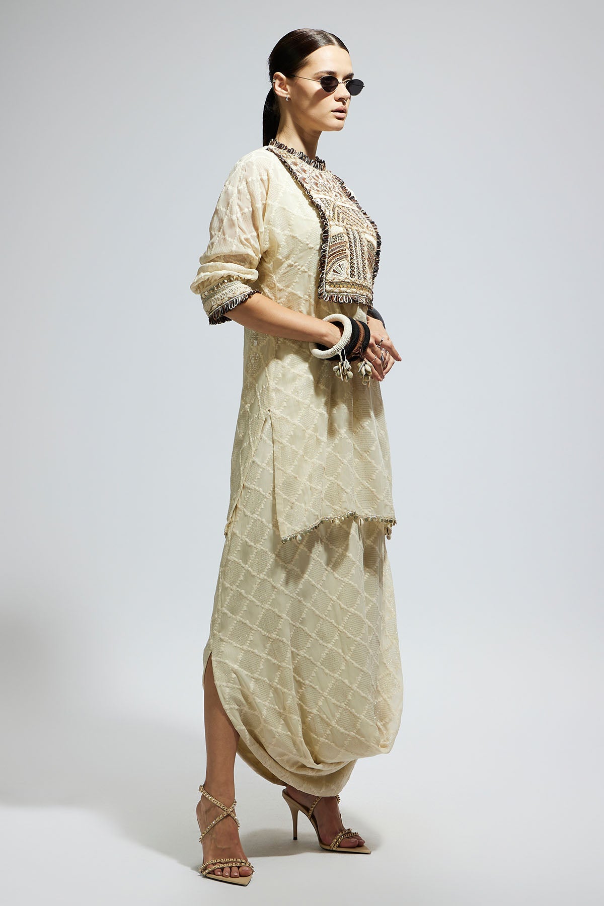 Ivory Aztec Yoke Embroidered Tunic Paired with Drape Skirt