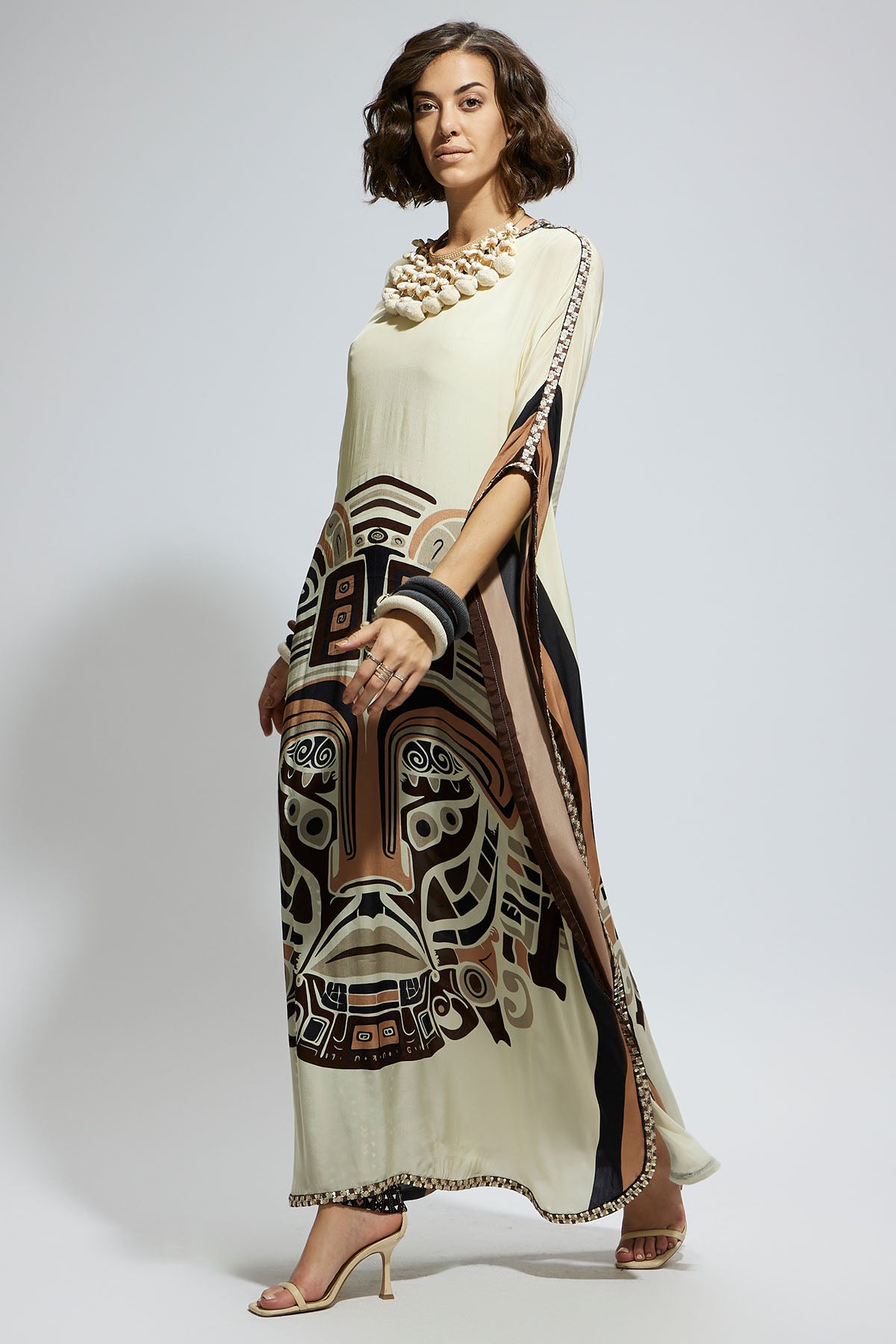 Ivory Mask Kaftan with Brown Printed Pants