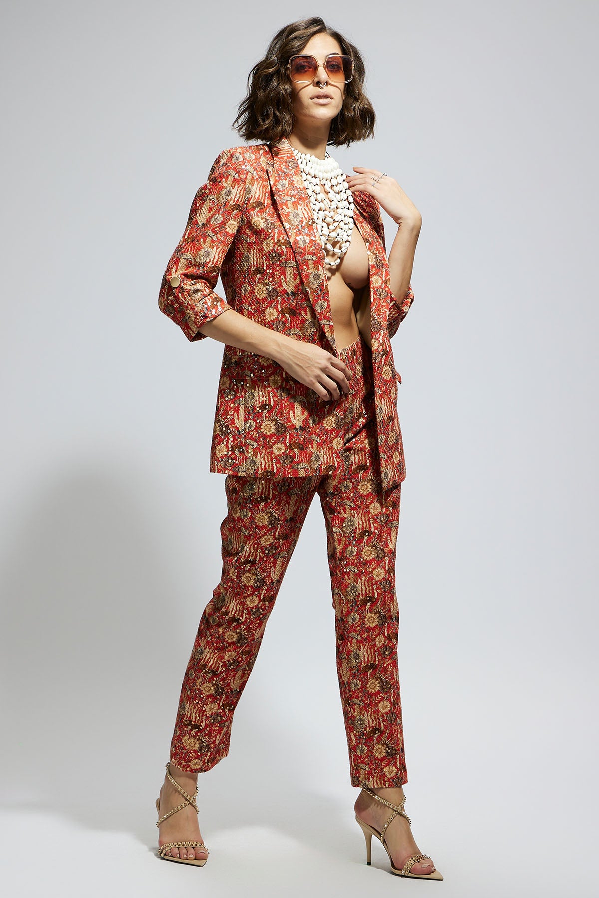 Orange Jaal Embellished Blazer Set