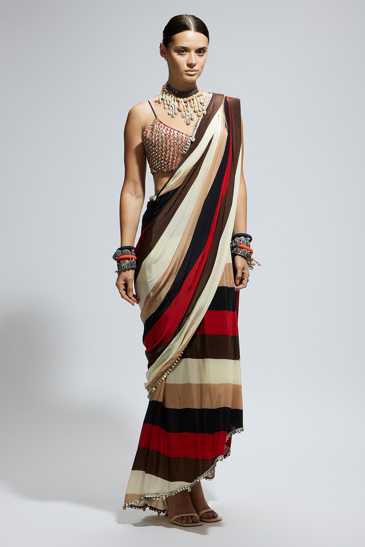 Samsara Stripe Print Cascade Saree with Metallic Scallop Bustier