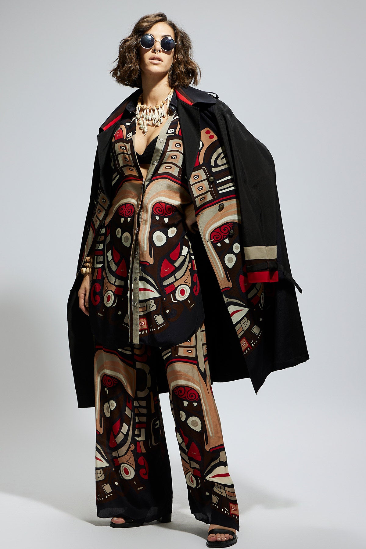 Black Mask Print Trench Coat