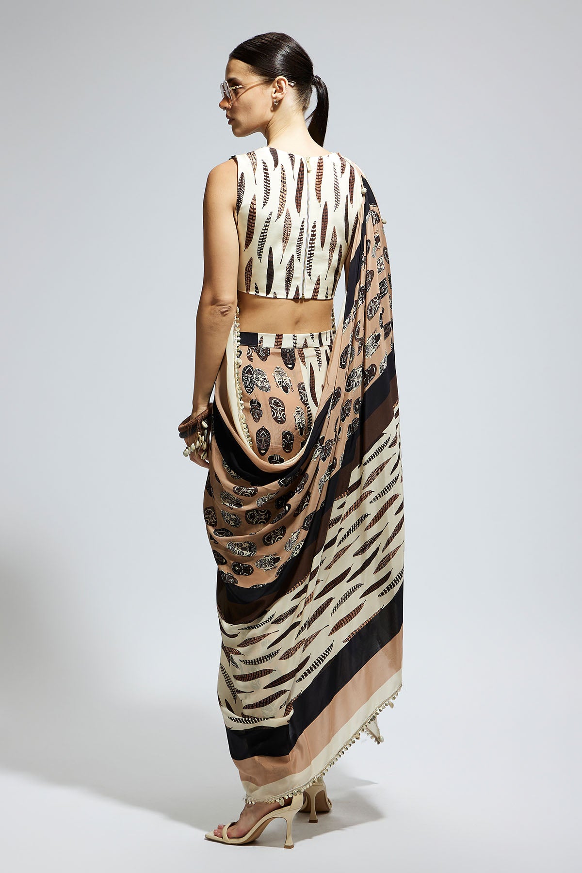 Mask and Feather Print Crop Top with Attached Drape with Pants