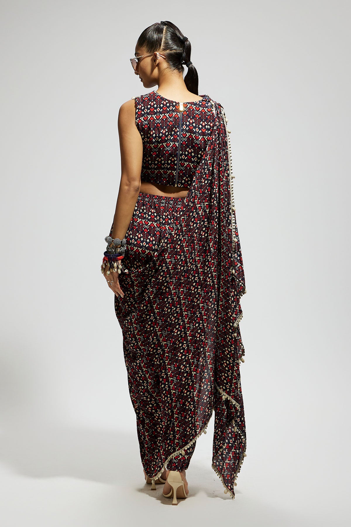 Blue Geo Print Crop Top with Attached Drape with Pants