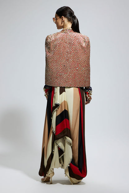 Metallic Embellished Cape Jacket Paired with Stripe Bustier and Stripe Drape Skirt