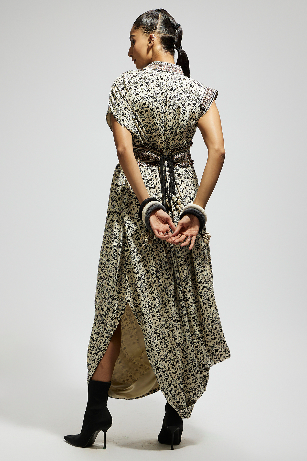 White  Print Cowl Dress Teamed with A Belt