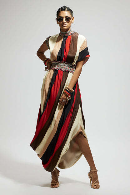 Samsara Stripe Print Cowl Dress Teamed with A Belt