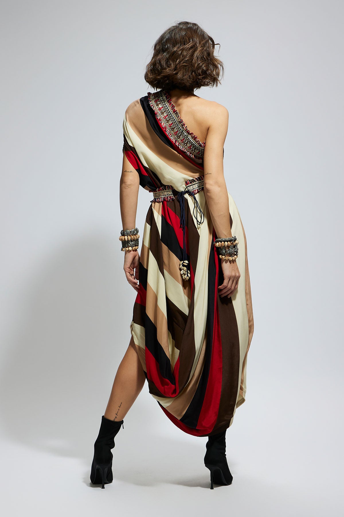 Samsara Stripe One Shoulder Cowl Dress Teamed with A Belt