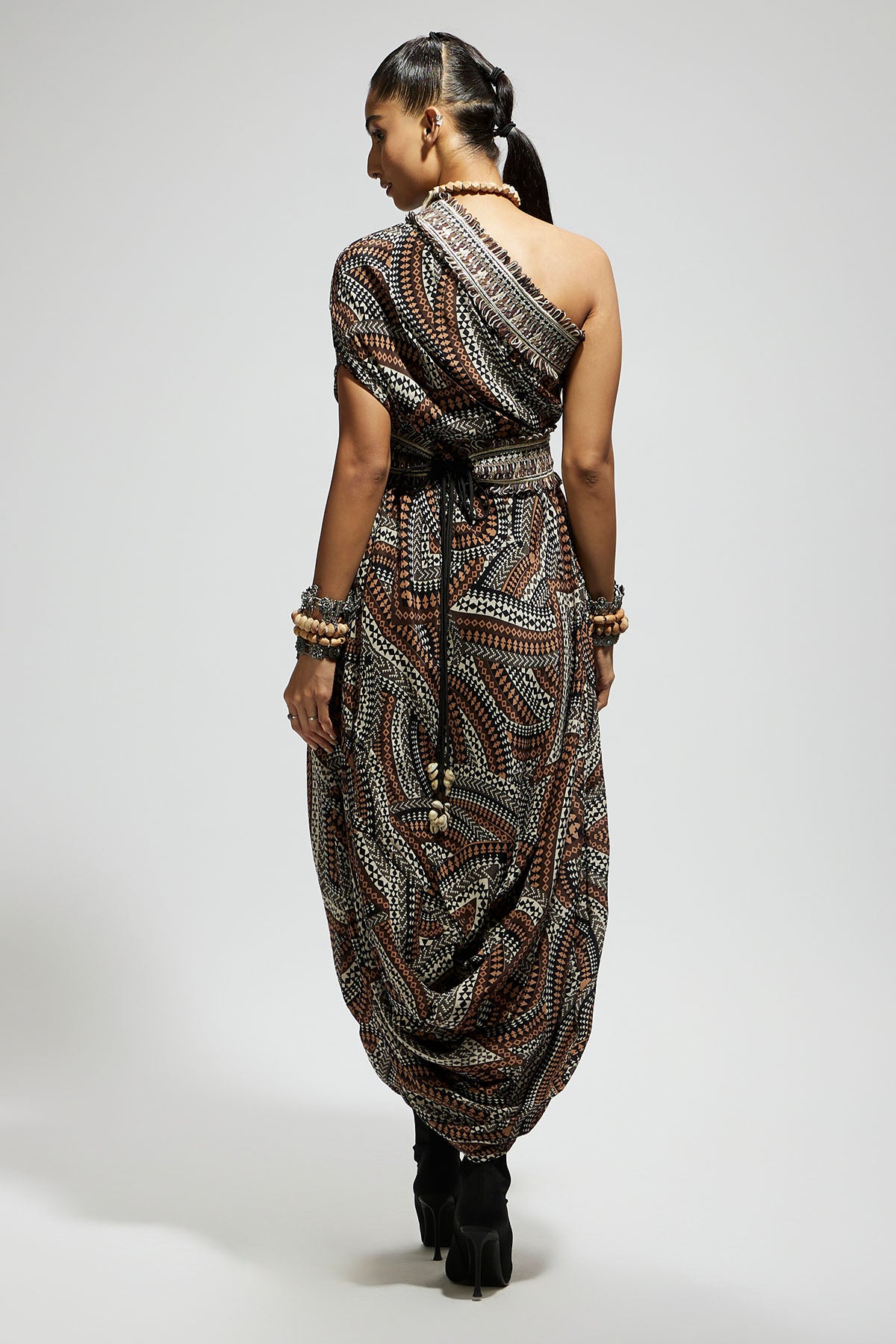 Zentangle Printed One Shoulder Cowl Dress Teamed with A Belt