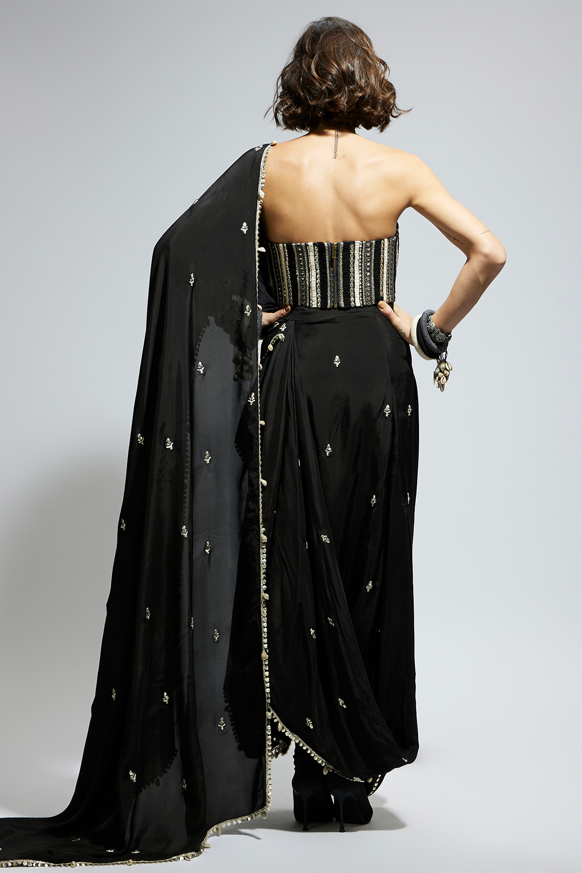 Black Threadwork Corset Paired with Embellished Saree Draped Skirt