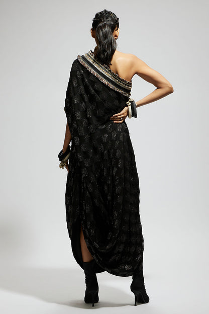 Black Aztec One Shoulder Cowl Dress with Cuff