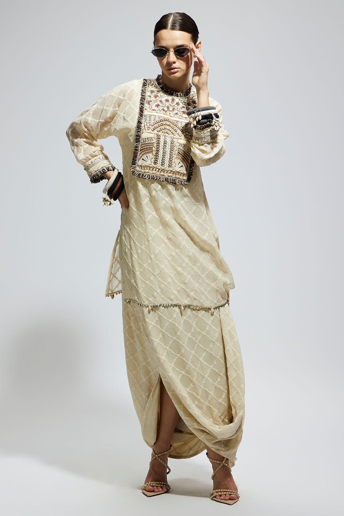 Ivory Aztec Yoke Embroidered Tunic Paired with Drape Skirt