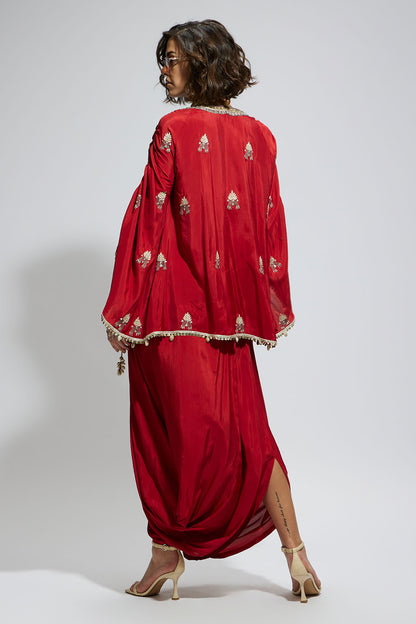 Terracotta Embellished Cape Top Paired with Terracotta Drape Skirt